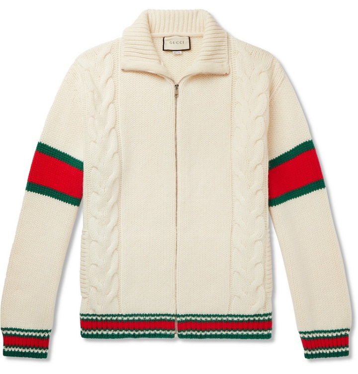 Photo: Gucci - Striped Cable-Knit Wool Zip-Through Jacket - Neutrals