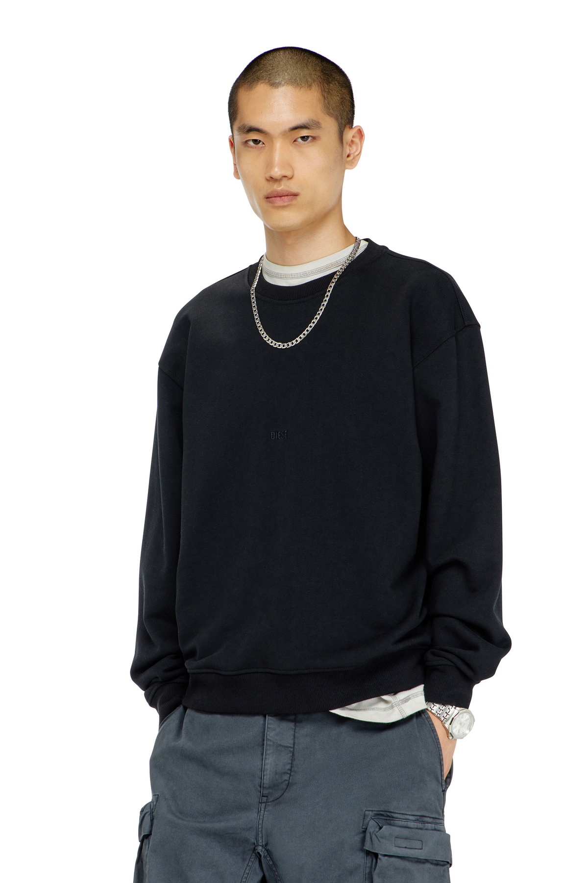 Diesel Cotton sweatshirt with micro logo embroidery - Sweaters Mens in Black