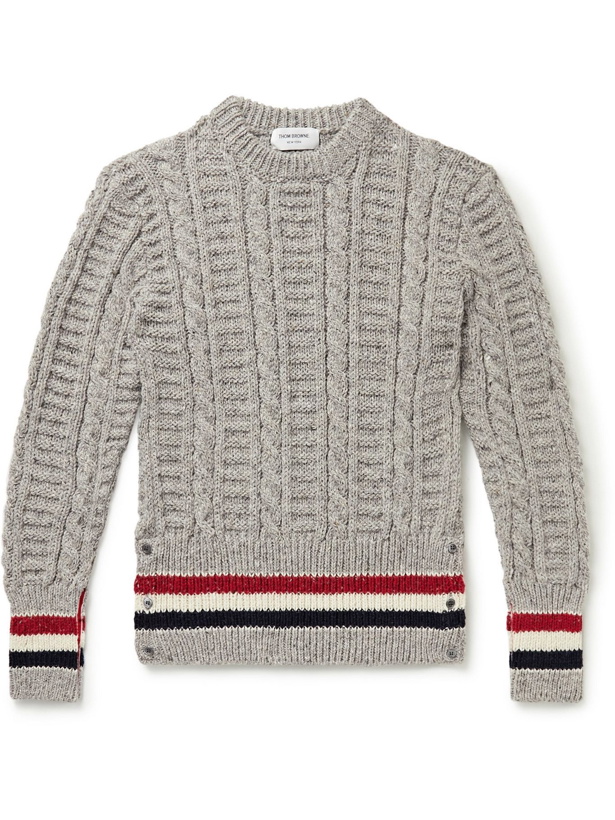 Photo: THOM BROWNE - Striped Cable-Knit Wool and Mohair-Blend Sweater - Gray