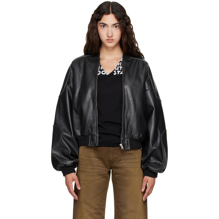 Photo: MM6 Maison Margiela Black Rib-Knit Trim Faux-Leather Bomber Jacket