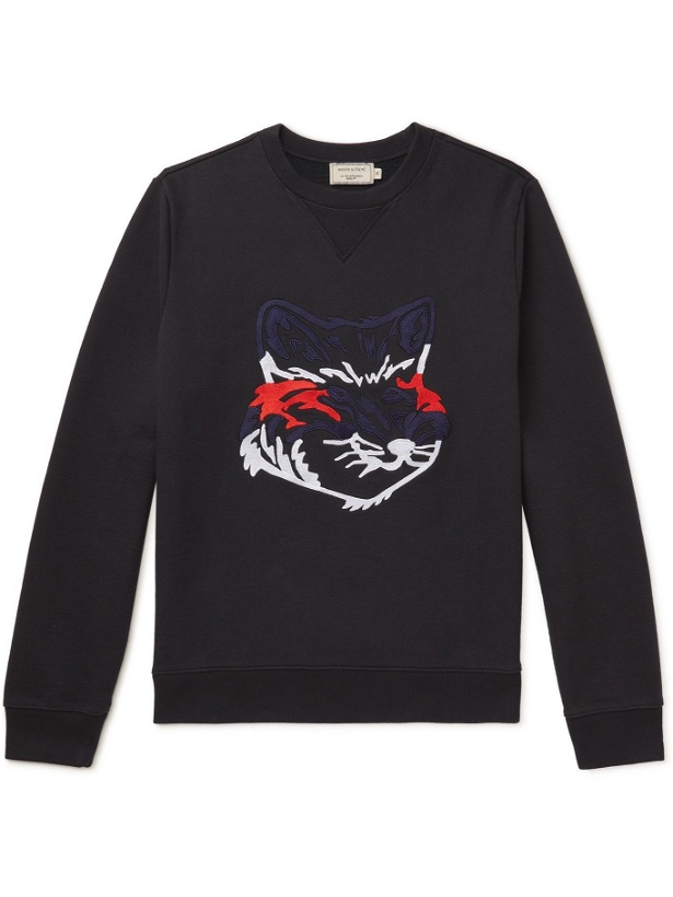 Photo: MAISON KITSUNÉ - Embroidered Organic Fleece-Back Cotton-Jersey Sweatshirt - Black - XL