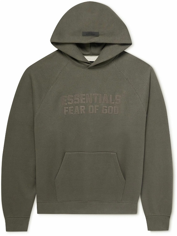 Photo: FEAR OF GOD ESSENTIALS - Logo-Flocked Cotton-Blend Jersey Hoodie - Black