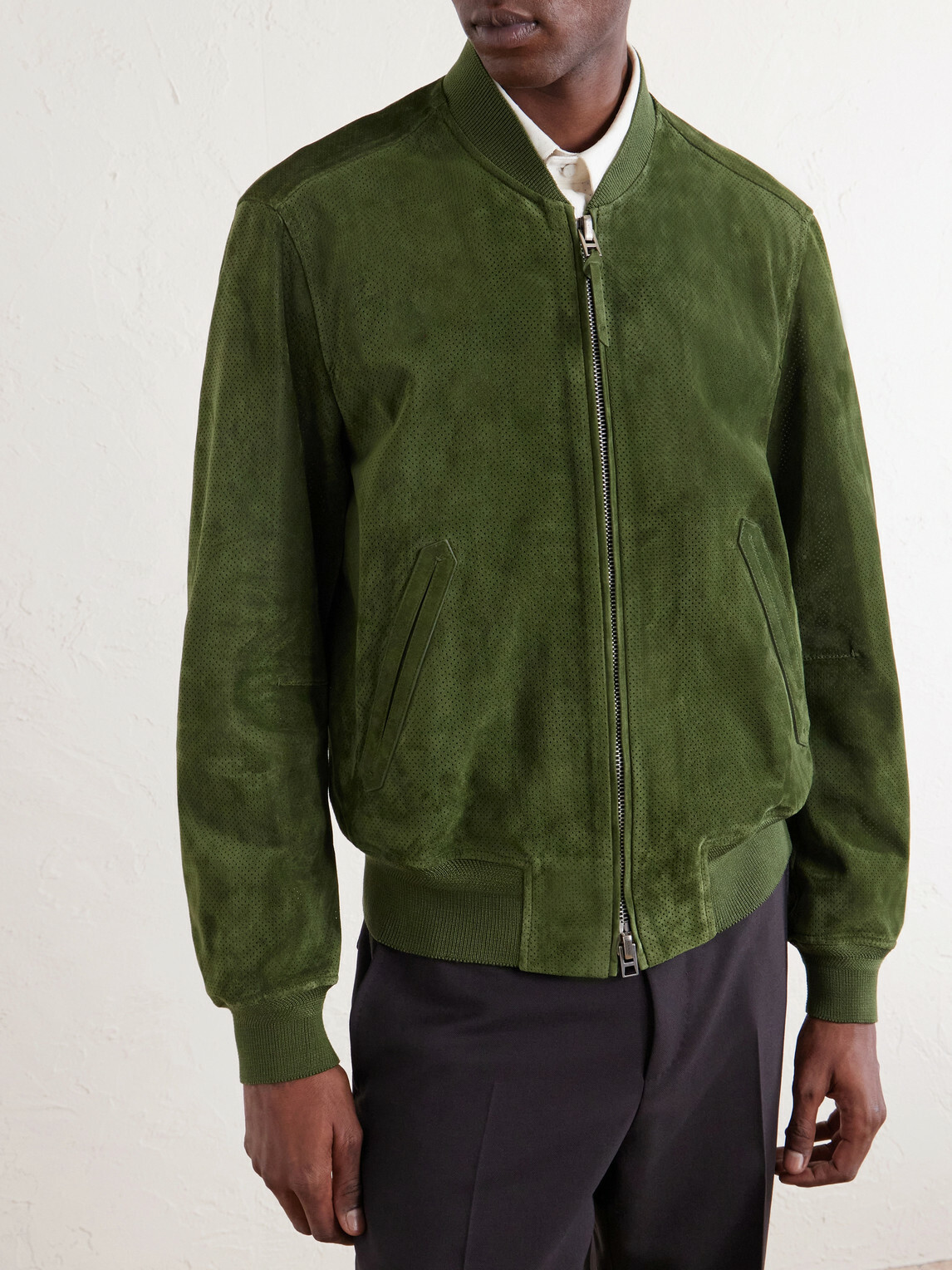 TOM FORD - Perforated Suede Bomber Jacket - Green