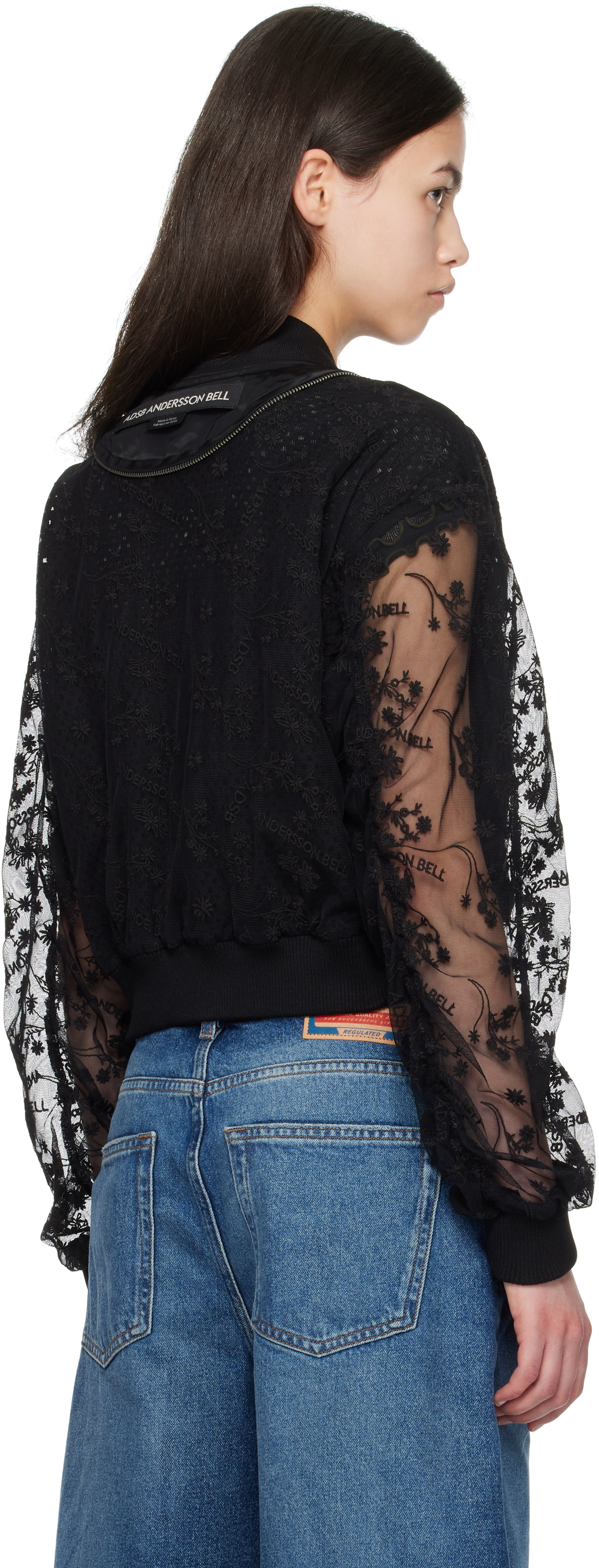 Andersson Bell Black Layered Logo Lace Short Bomber Jacket