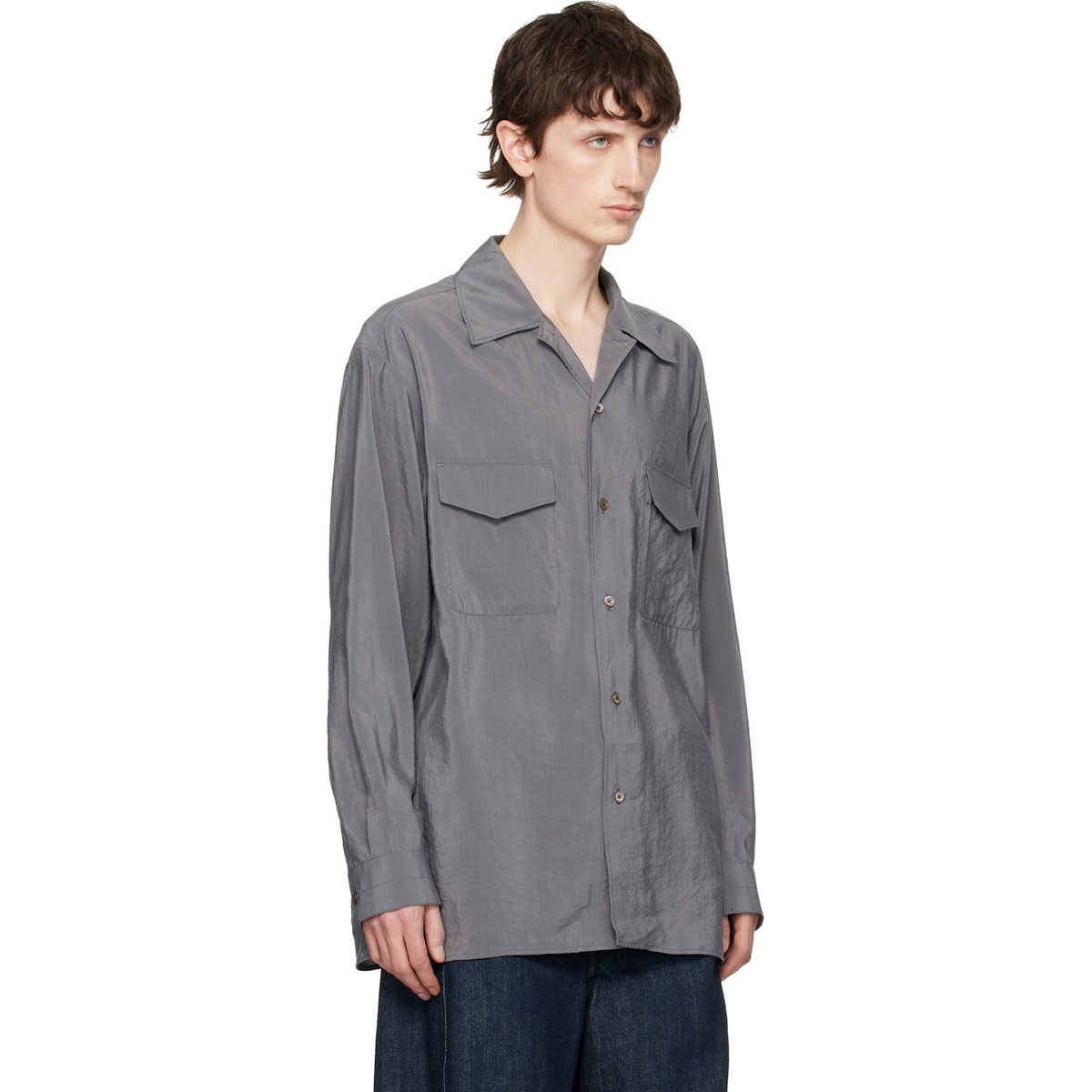 LEMAIRE Gray Convertible Collar Dry Silk Shirt
