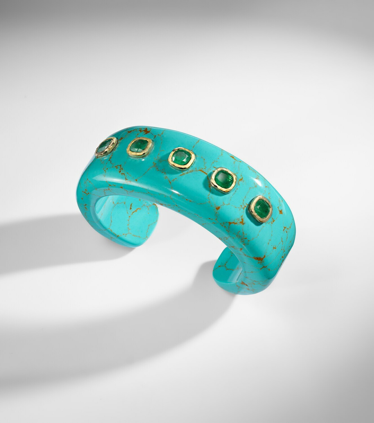 Octavia Elizabeth 18kt gold and turquoise cuff bracelet with emeralds
