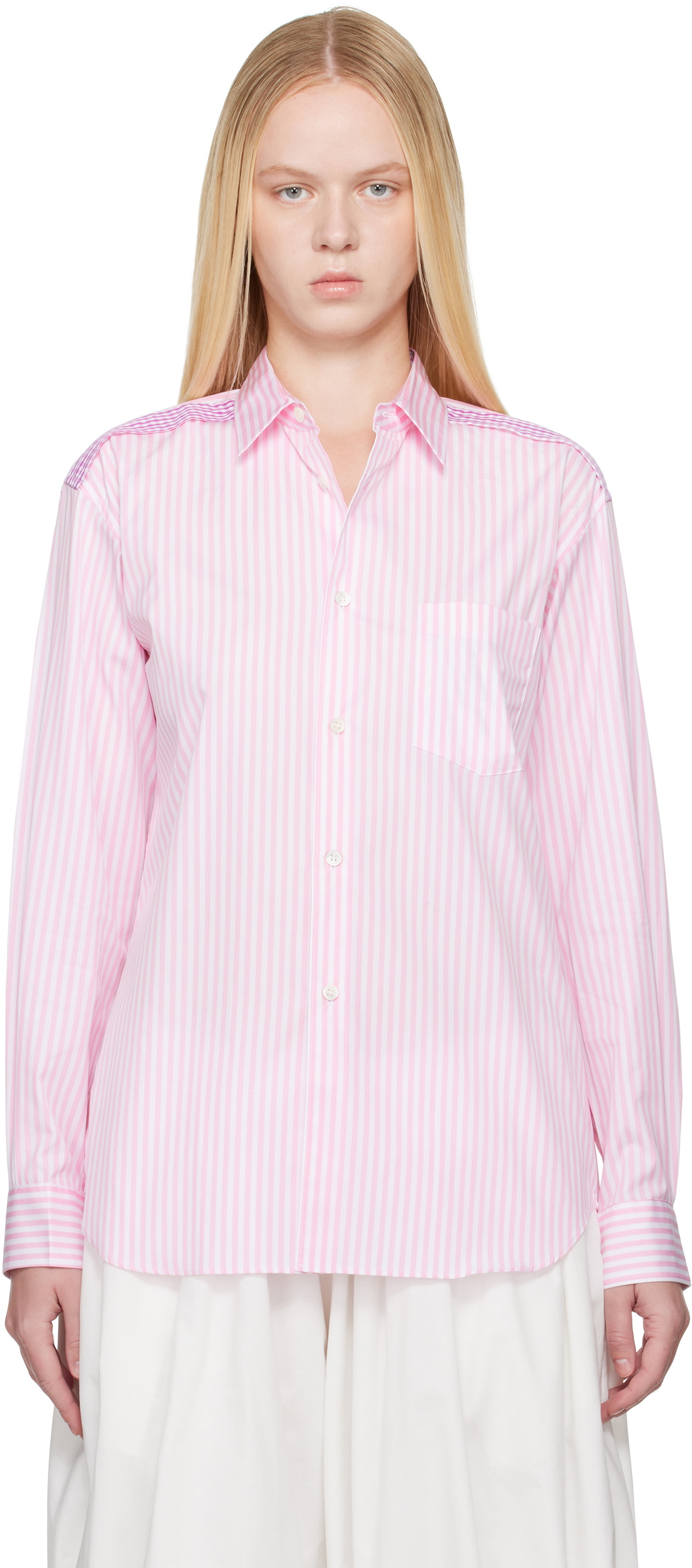 Comme des Garçons Shirt Pink & White Striped Gingham Trim Shirt