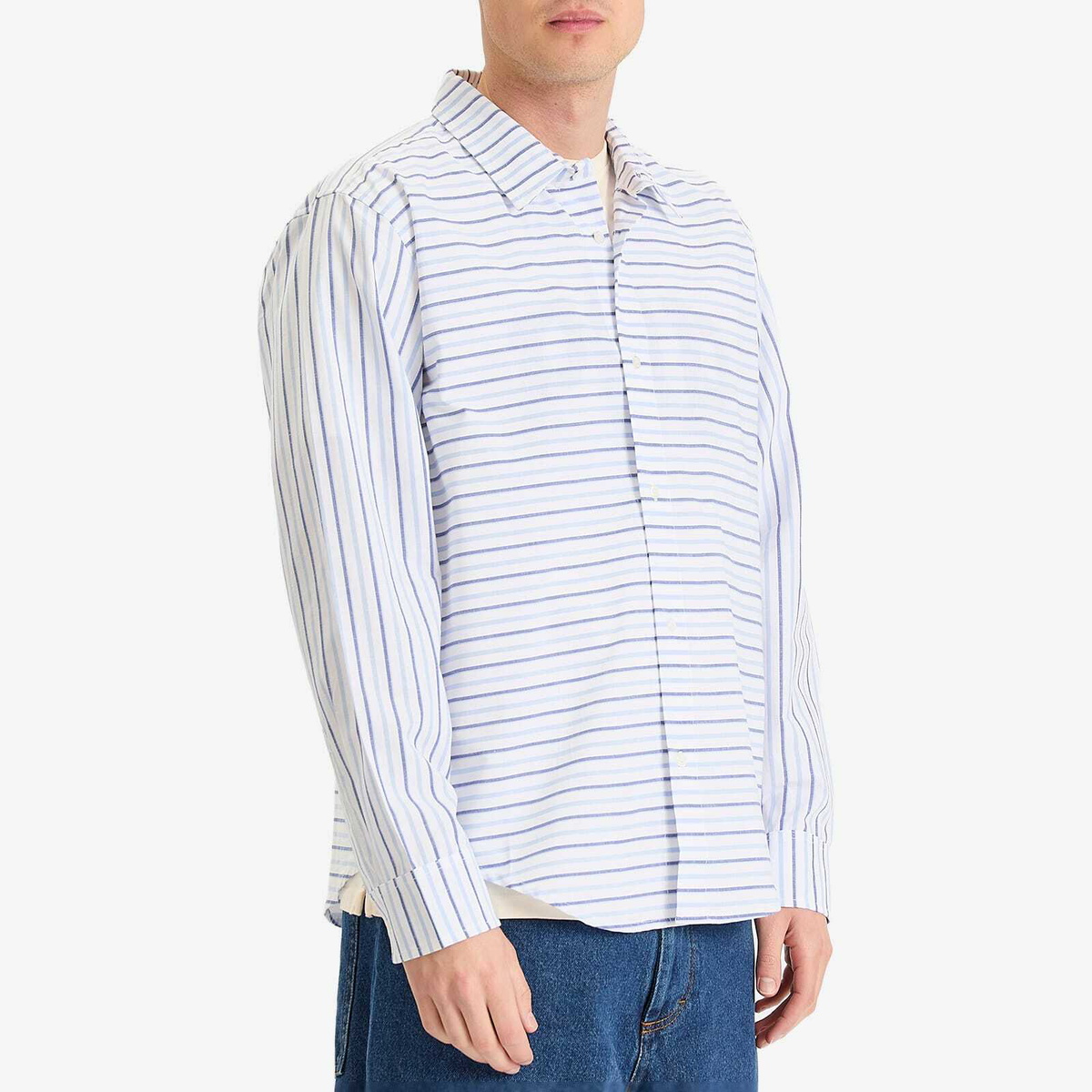 Pop Trading Company Men's Striped Logo Shirt in White/Blue Linen