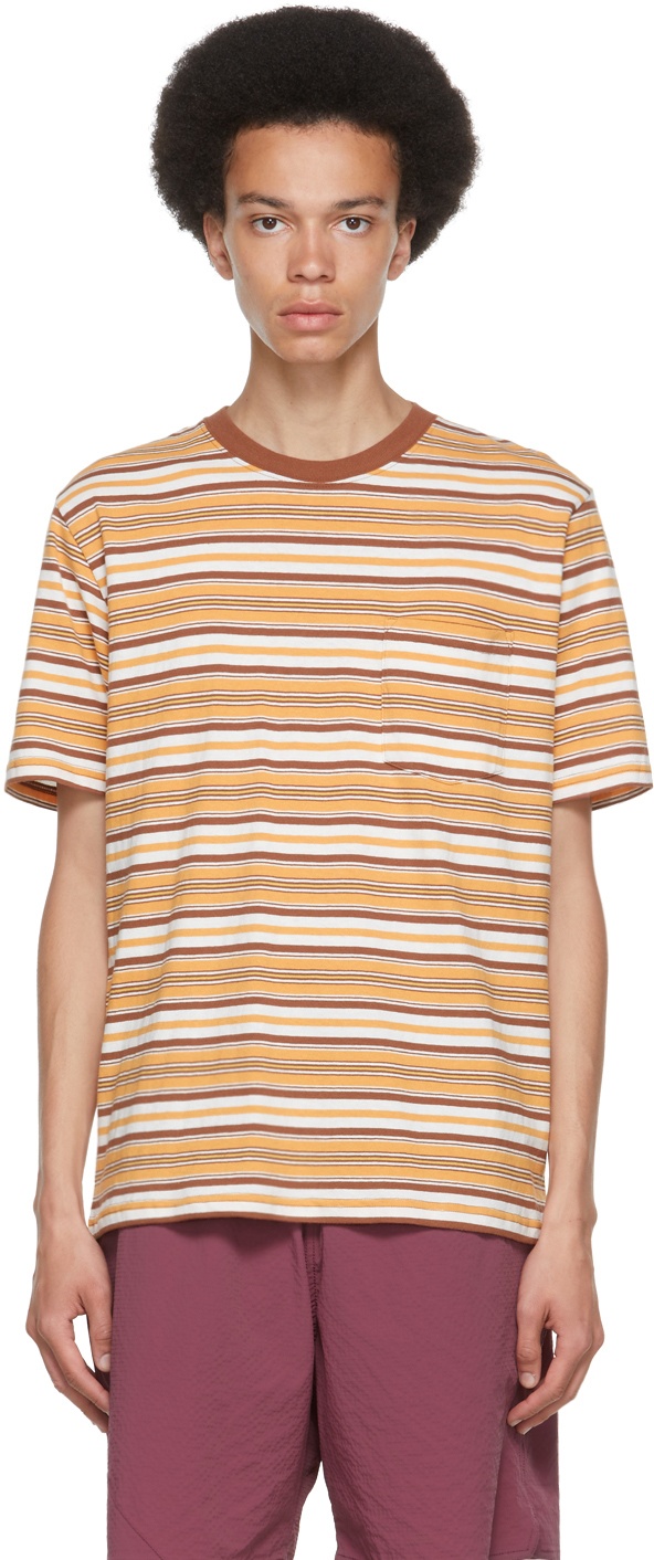 BEAMS PLUS White & Brown Striped Border T-Shirt Beams Plus