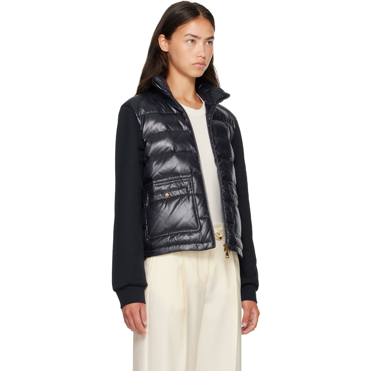 Moncler Navy Zip Up Cotton Fleece Down Cardigan
