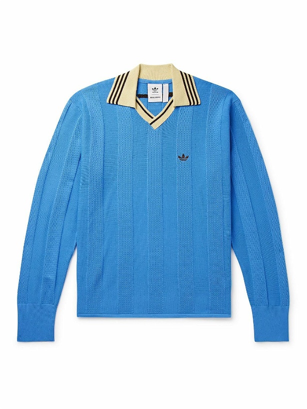 Photo: adidas Consortium - Wales Bonner Logo-Embroidered Recycled Ribbed-Knit Polo Shirt - Blue