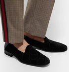 Gucci - Collapsible-Heel Leather-Trimmed Logo-Embroidered Velvet Loafers - Men - Black