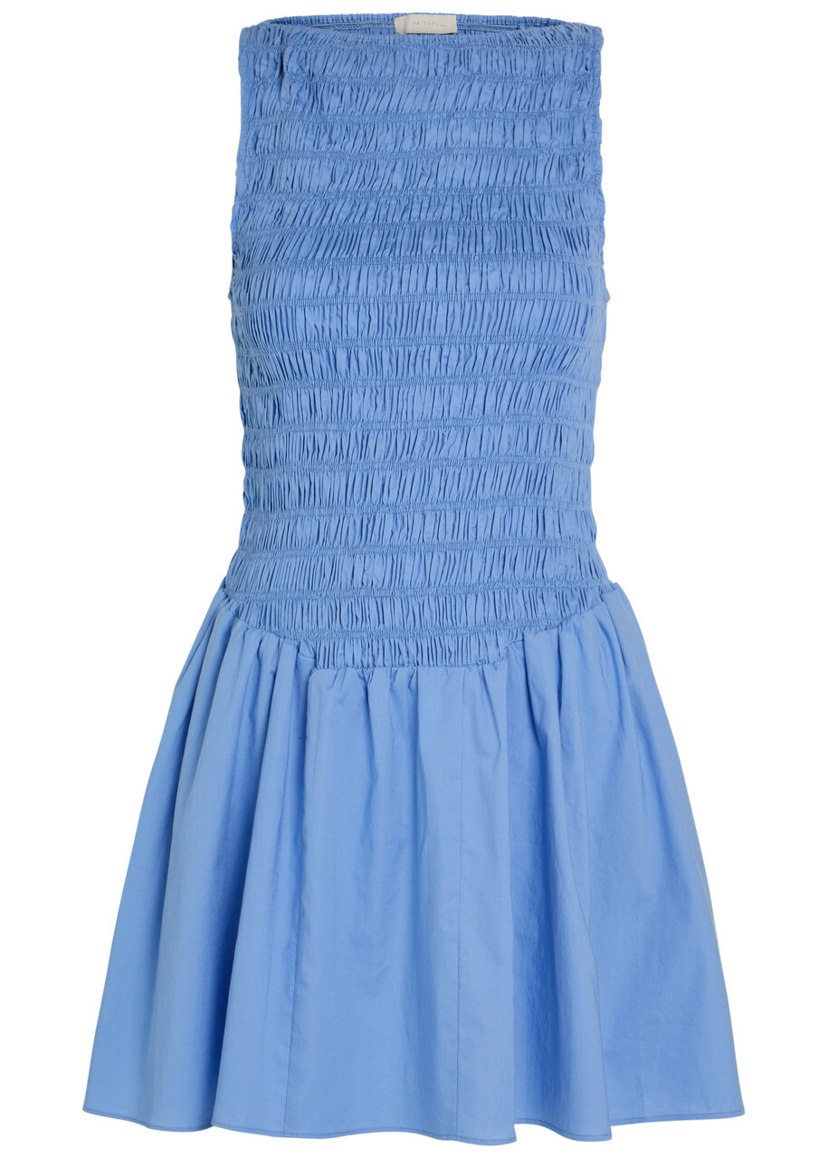 Faithfull The Brand Martina Shirred Cotton Mini Dress Blue