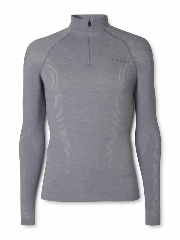 Photo: Falke - Printed Virgin Wool-Blend Jersey Half-Zip Ski Base Layer - Gray