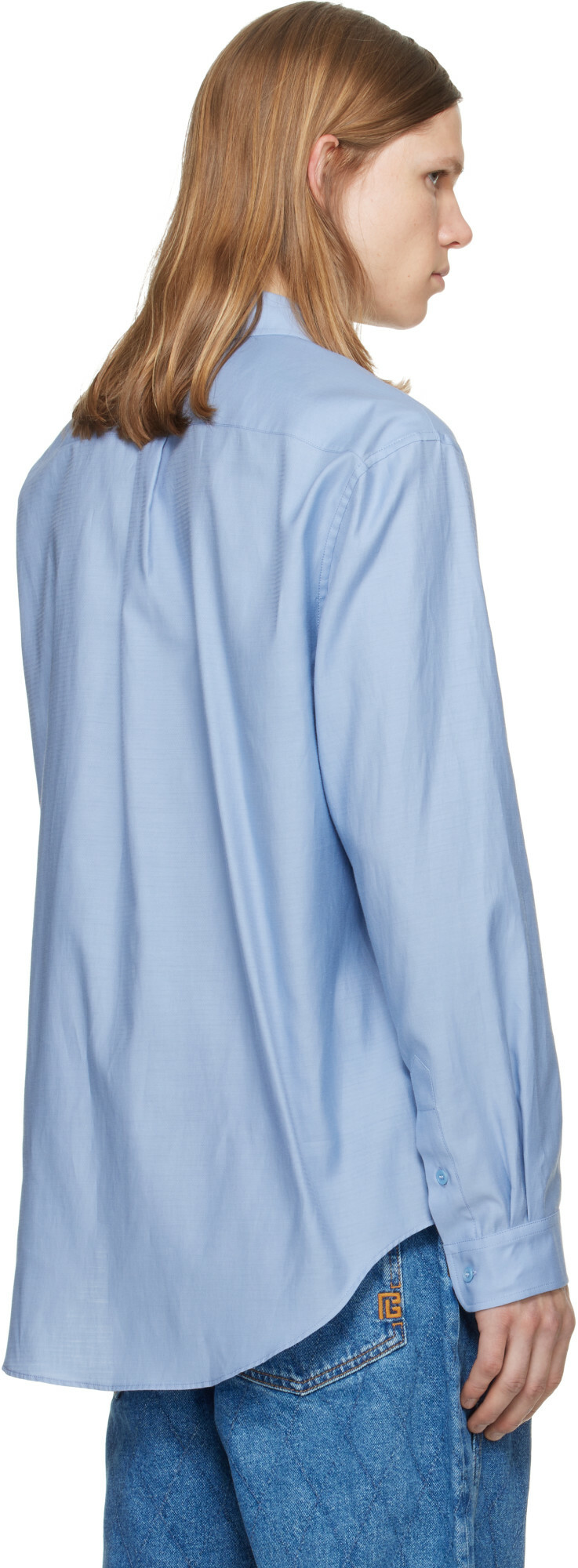 BALMAIN Blue Herringbone Poplin Regular Shirt