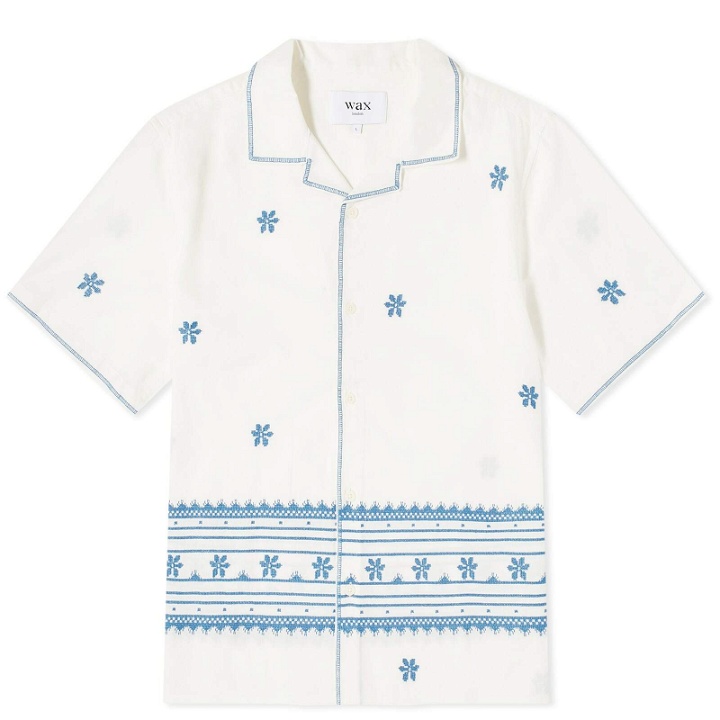 Photo: Wax London Men's Didcot Daisy Embroidery Vacation Shirt in Ecru/Blue