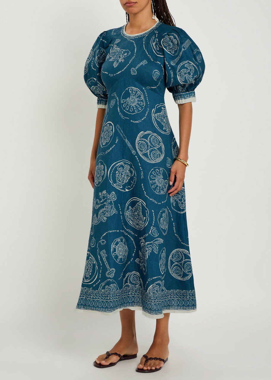 Alemais Lucky Printed Linen Midi Dress Blue