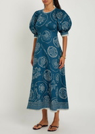 Alemais Lucky Printed Linen Midi Dress Blue