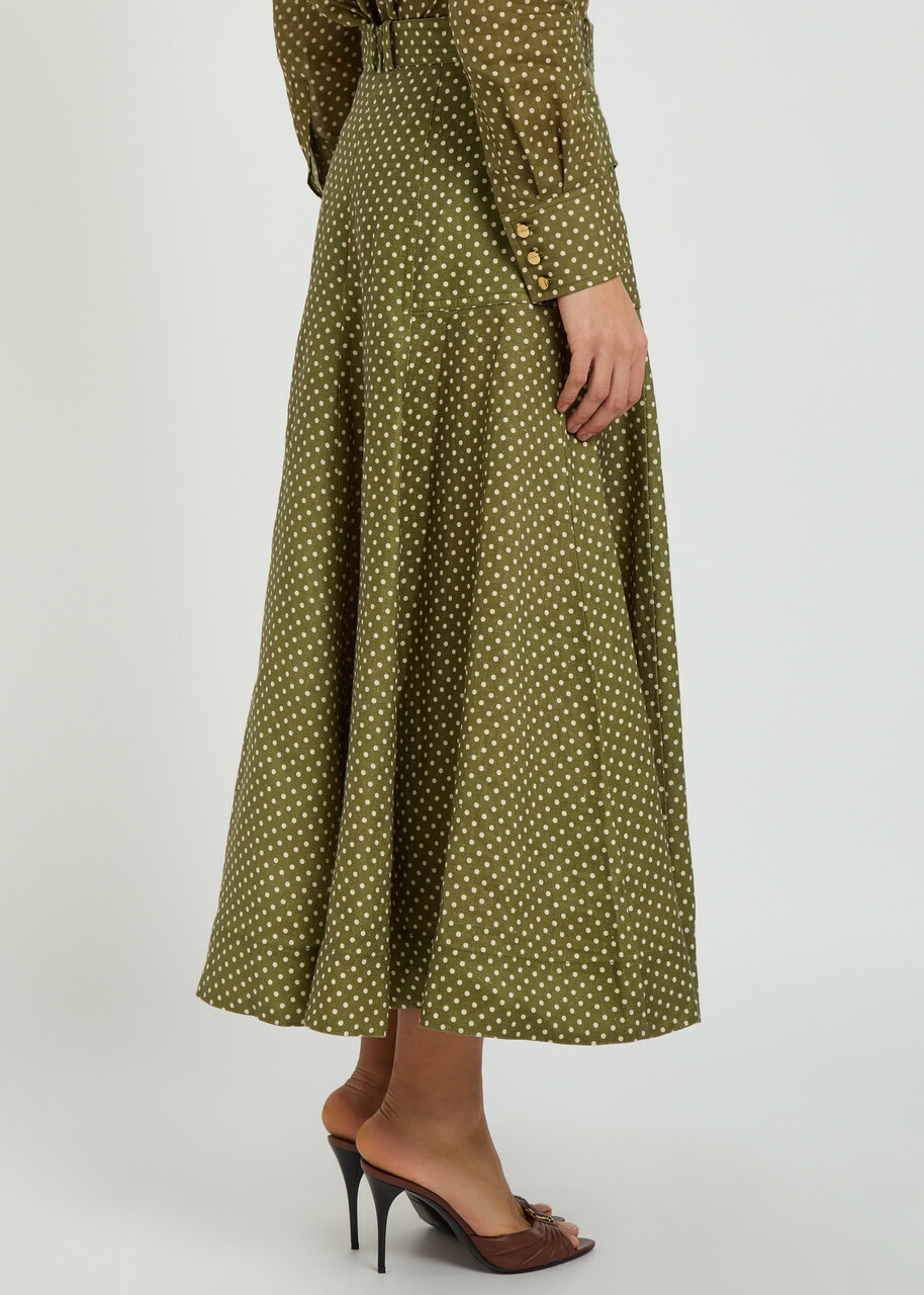 Zimmermann Luna Cargo Patterned Linen Midi Skirt Olive