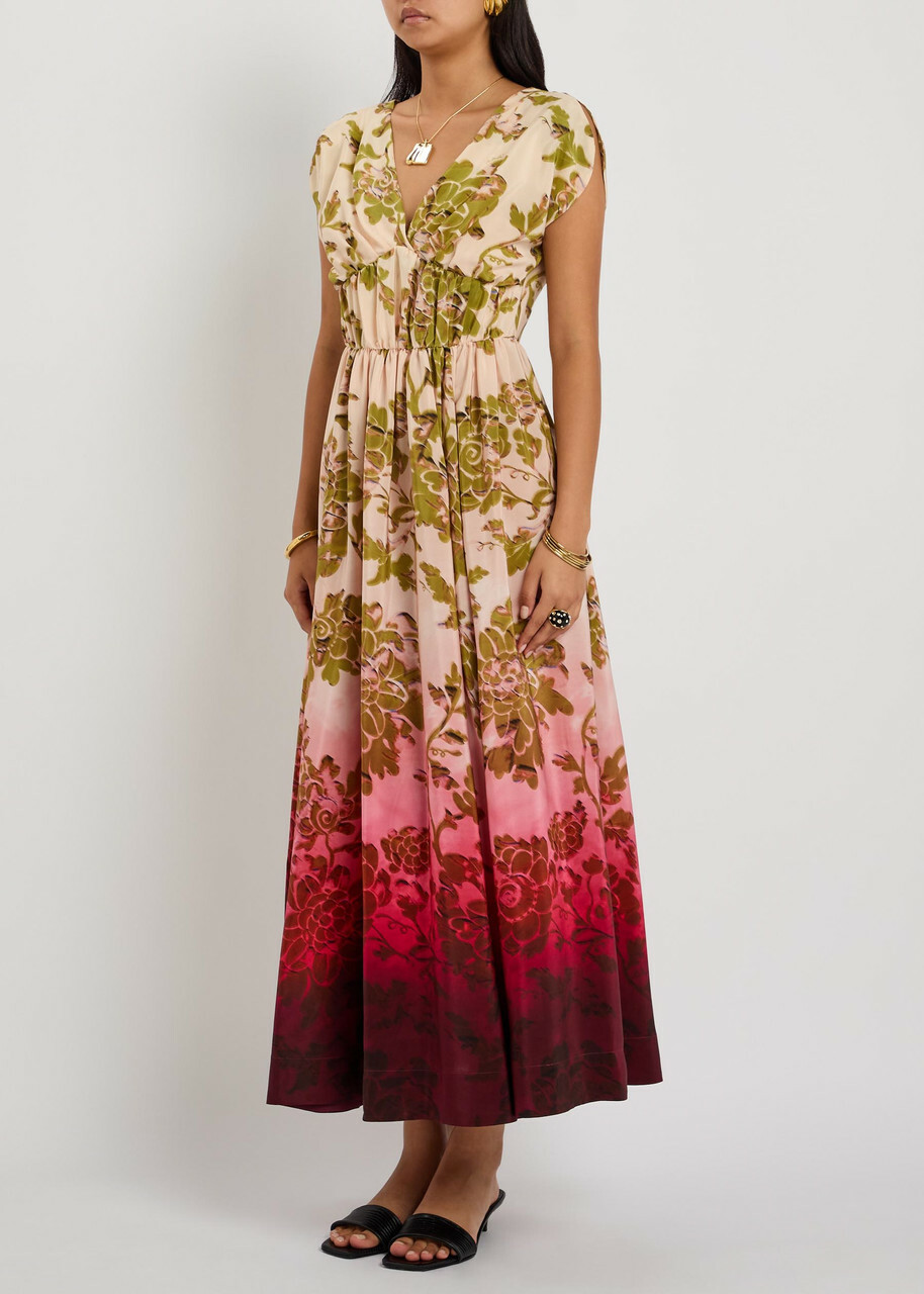 LA Double J Waldorf Printed Smocked Silk Midi Dress Red