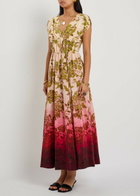 LA Double J Waldorf Printed Smocked Silk Midi Dress Red