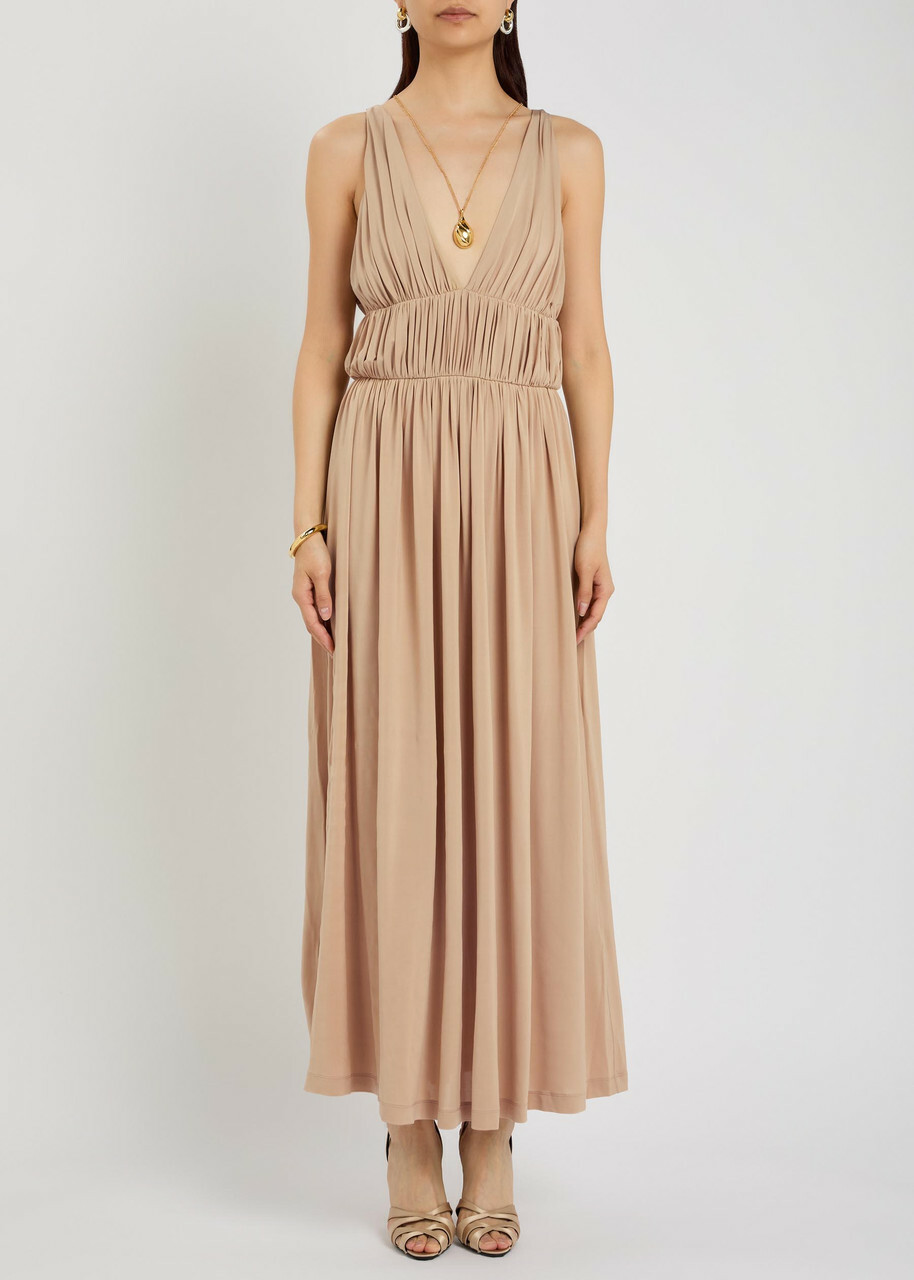 Tove Ouida Ruched Stretch-jersey Midi Dress Beige