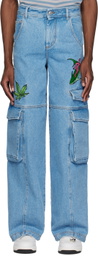 GCDS Blue Embroidered Denim Cargo Pants