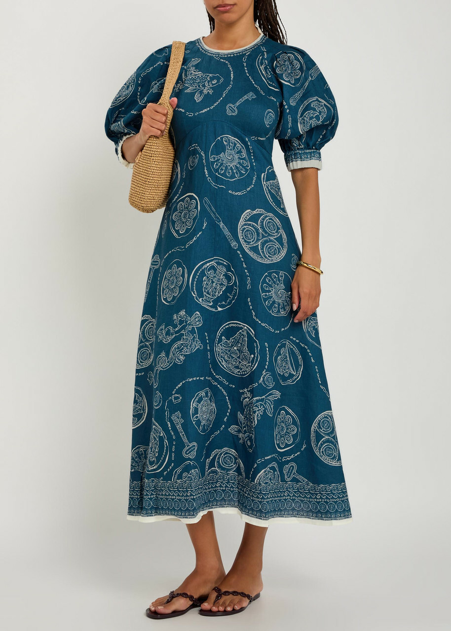 Alemais Lucky Printed Linen Midi Dress Blue