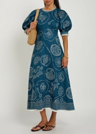 Alemais Lucky Printed Linen Midi Dress Blue