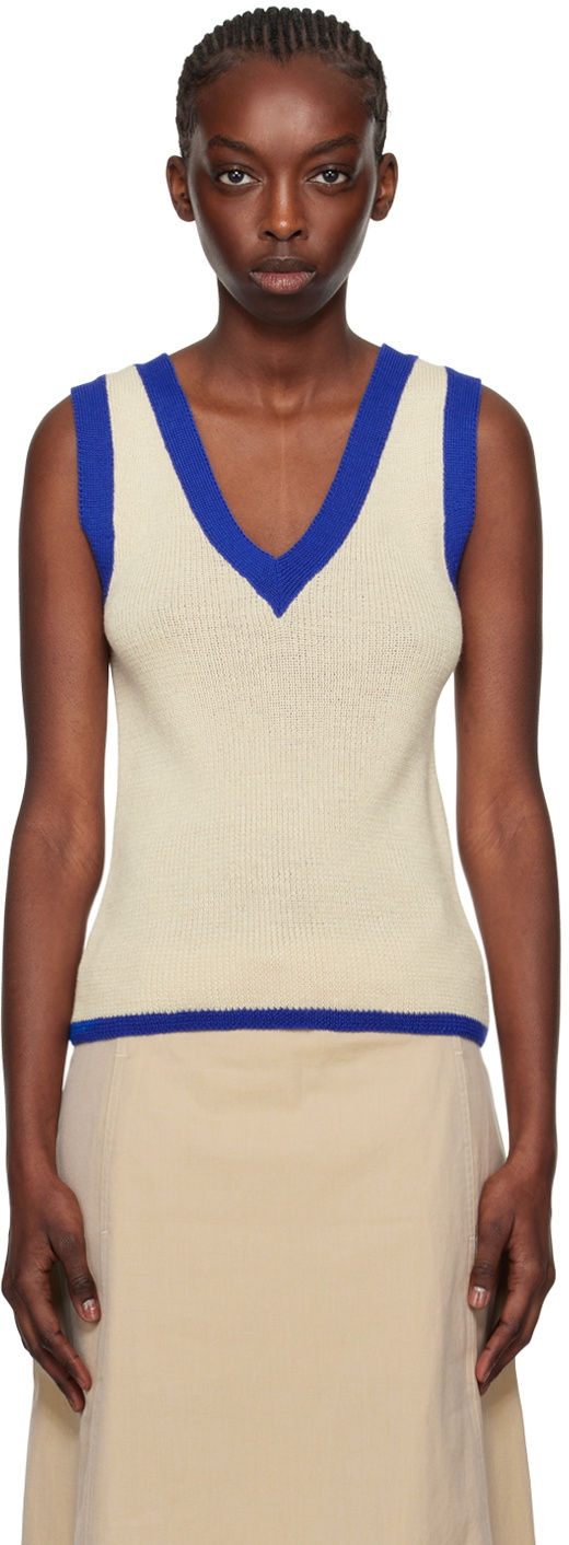 Dries Van Noten Beige & Blue V-Neck Vest