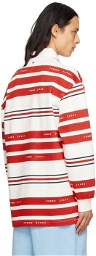 Tommy Jeans Red & White Striped Rugby Long Sleeve Polo