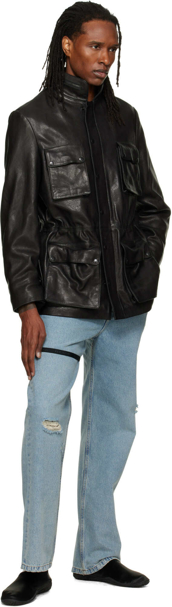 ALAINPAUL Black Multi Pocket Leather Jacket