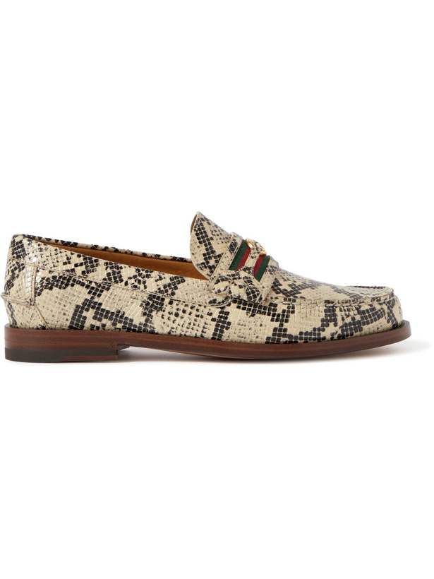 Photo: Gucci - Kaveh Webbing-Trimmed Snake-Effect Leather Loafers - Neutrals