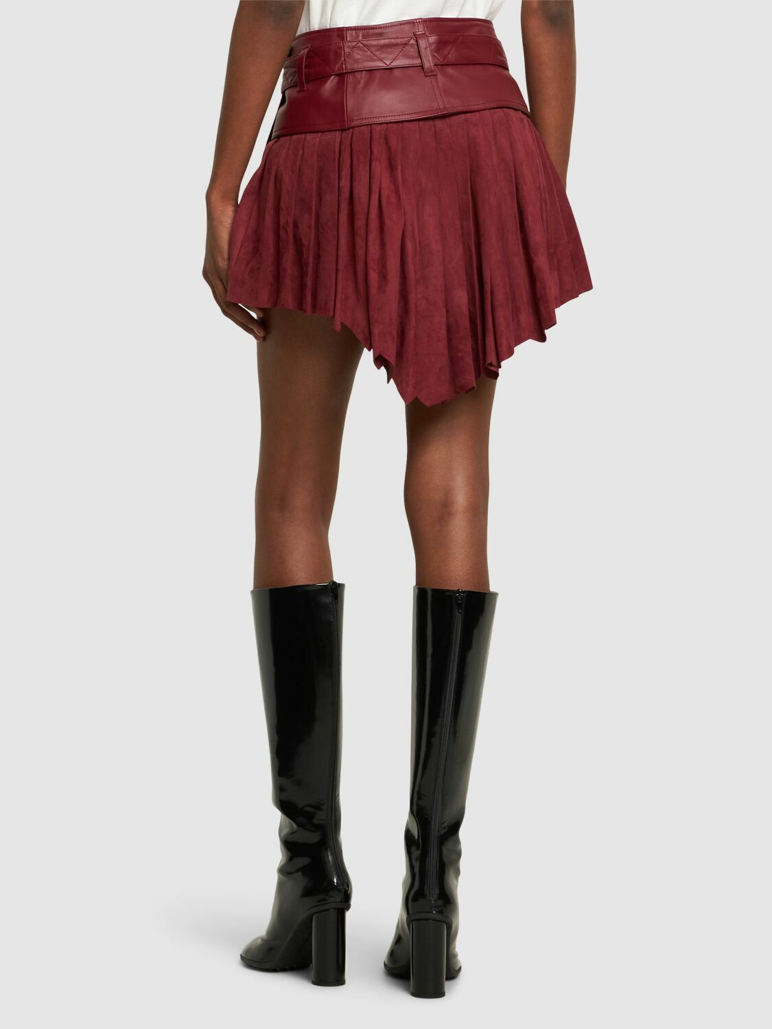 FERRARI - Leather & Suede Pleated Mini Skirt