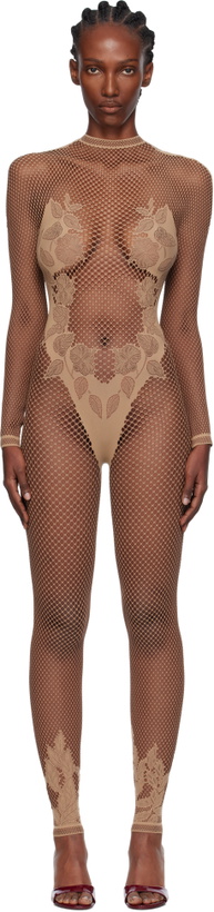 Photo: Poster Girl Beige Leaves Fishnet Capri Jumpsuit
