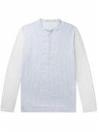 120% - Striped Panelled Linen Henley T-Shirt - White