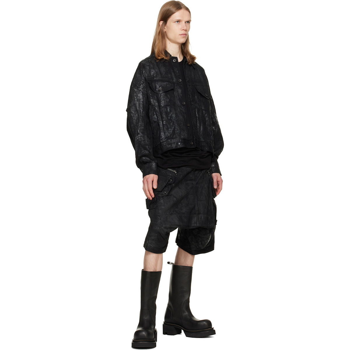 Julius Black Coated Tactical Kite Denim Shorts