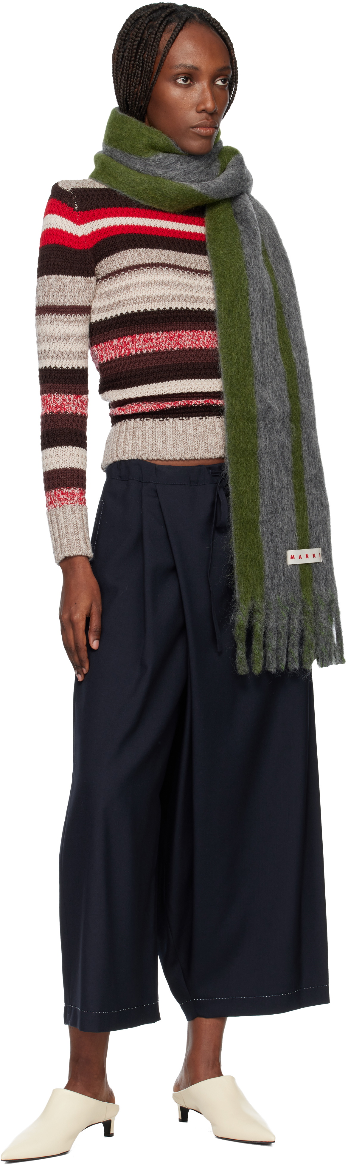 Marni Green & Gray Striped Alpaca Scarf