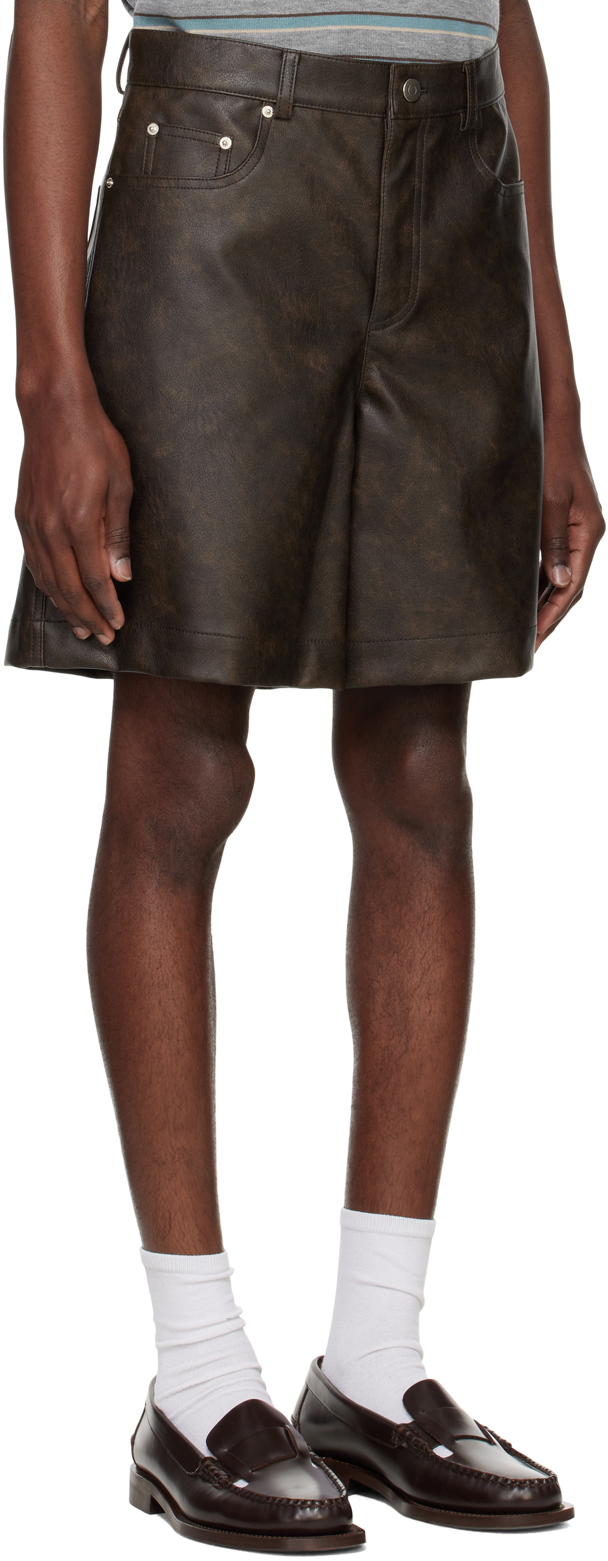 System Brown Lined Faux-Leather Shorts