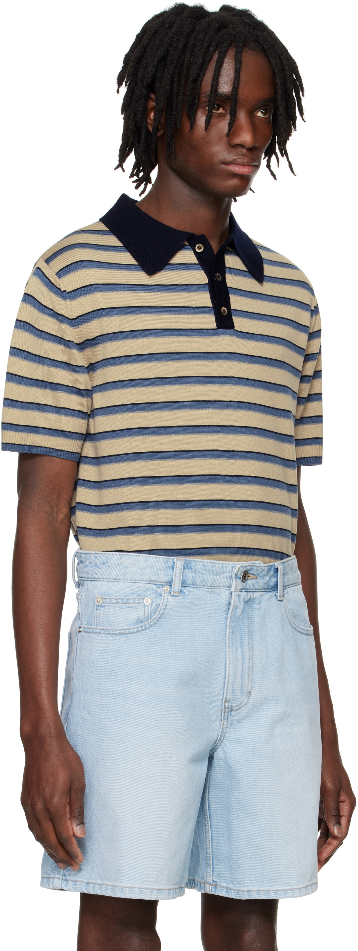 System Beige Striped Knitted Polo
