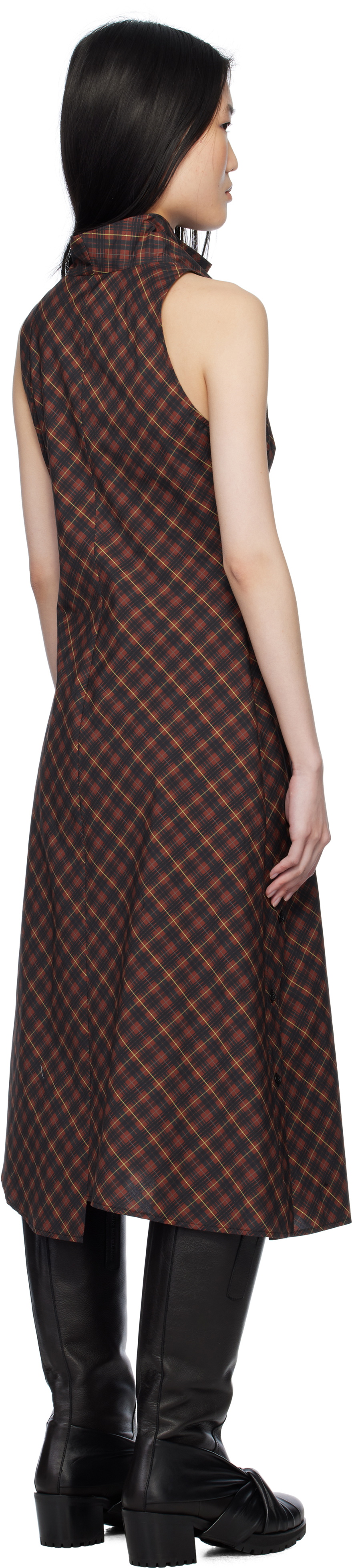 Pushbutton Red Halter Sleeveless Midi Dress
