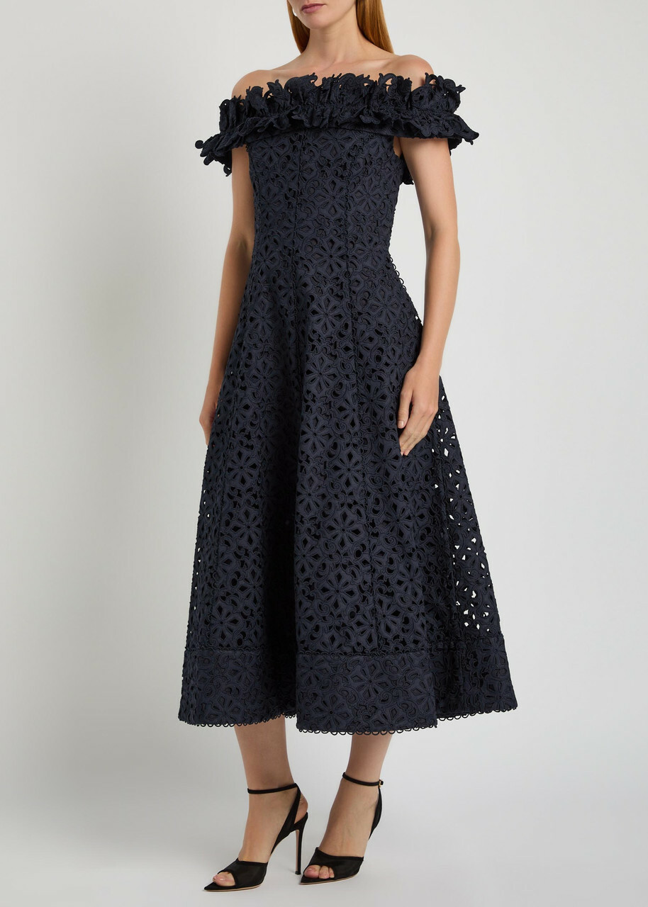 Rebecca Vallance Antalya Embroidered Off-the-shoulder Cotton Midi Dress Navy