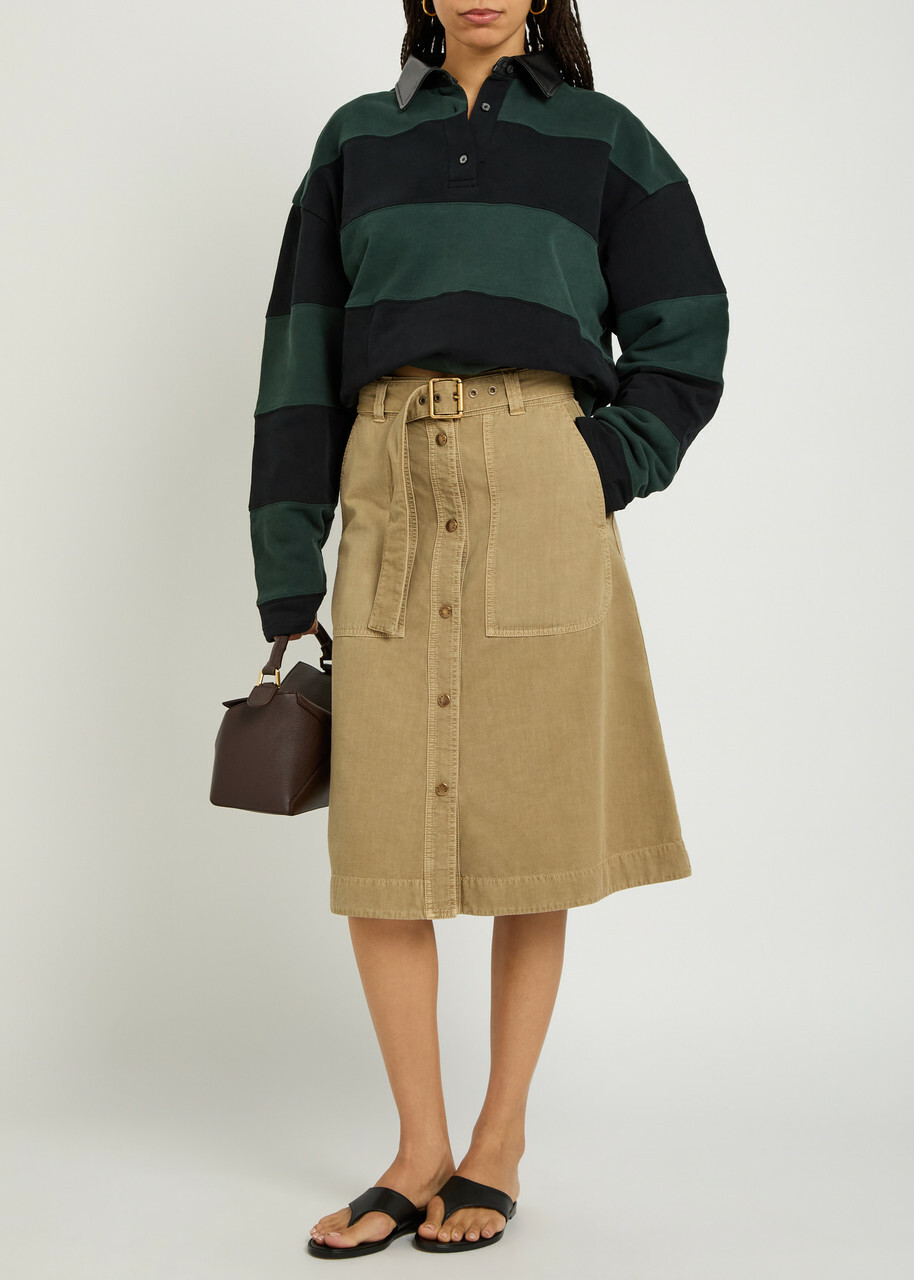 Moncler Belted Cotton-twill Midi Skirt Beige