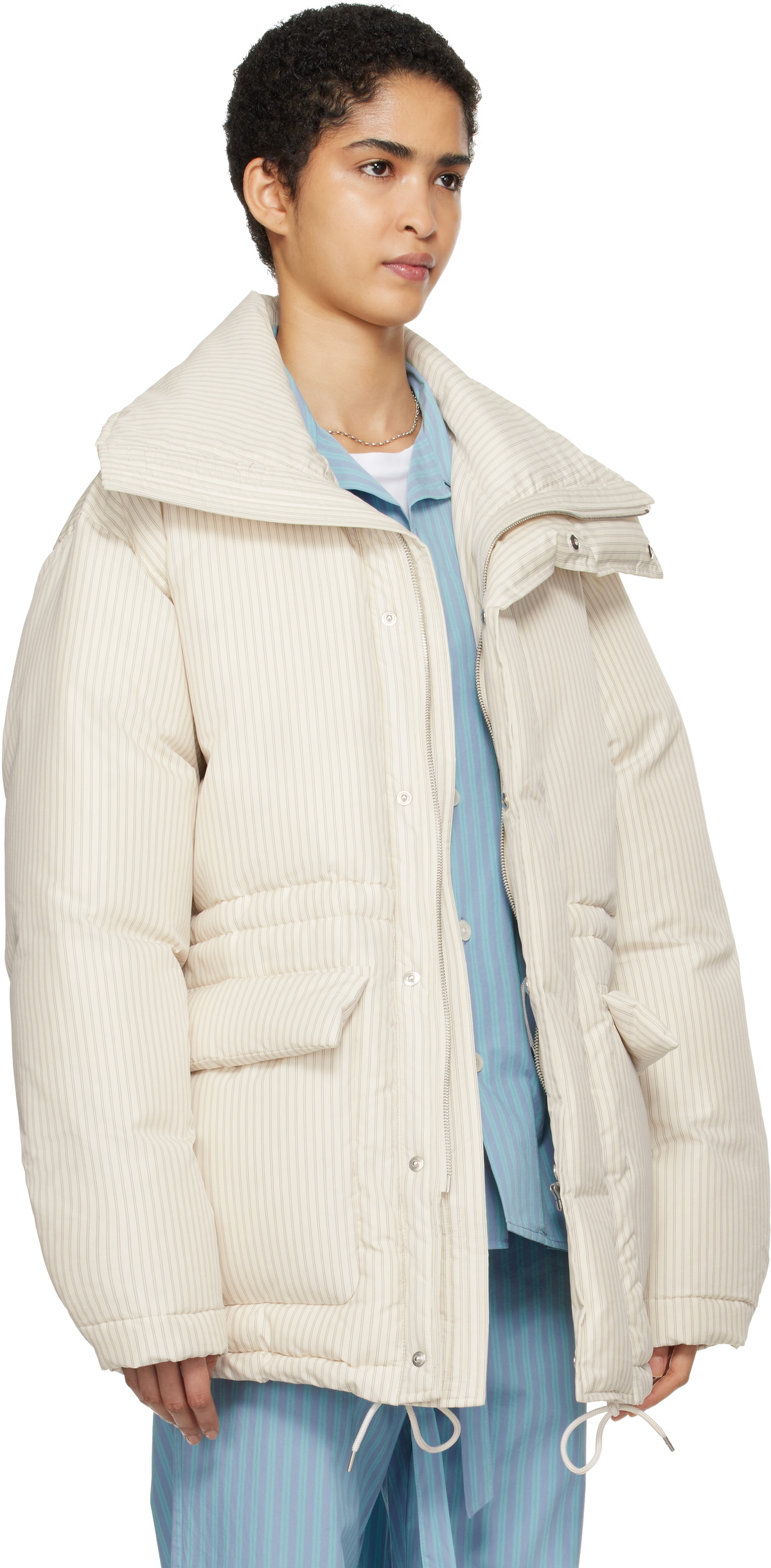Tekla SSENSE Exclusive White AURALEE Edition Stripe Down Jacket