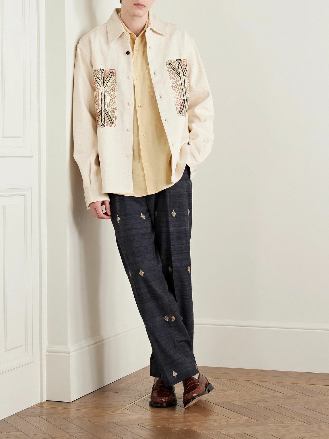 Kartik Research - Straight-Leg Pleated Embroidered Silk Trousers - Gray