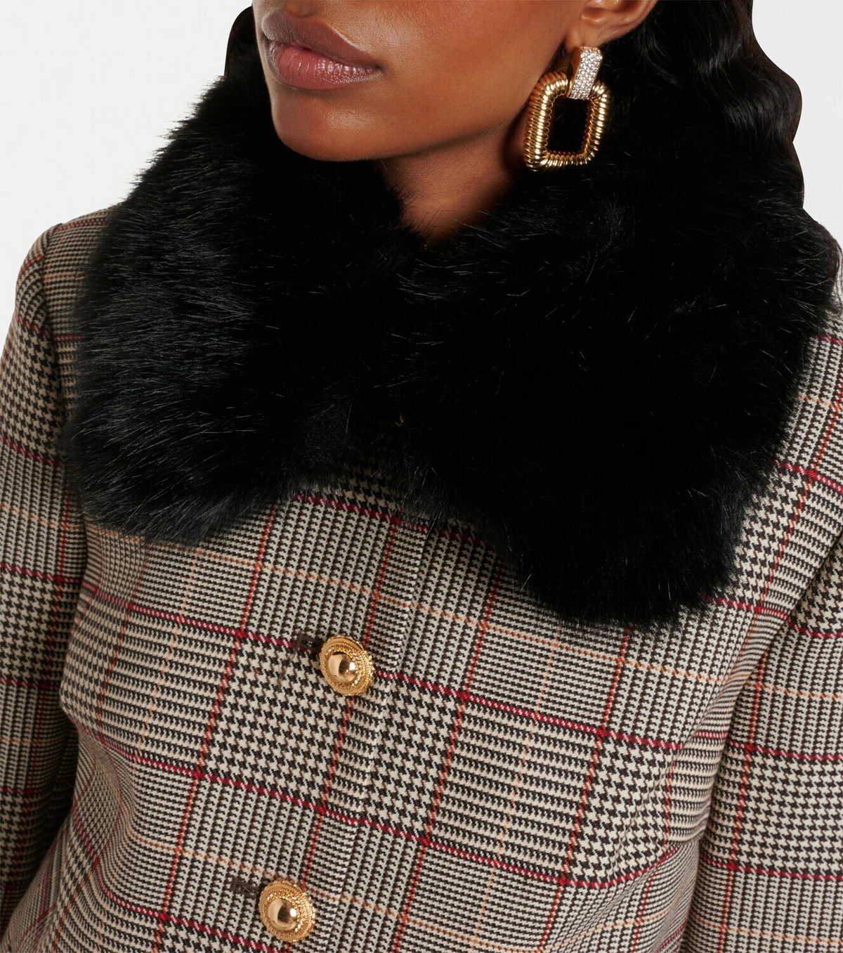 Self-Portrait Checked faux fur-trimmed jacket