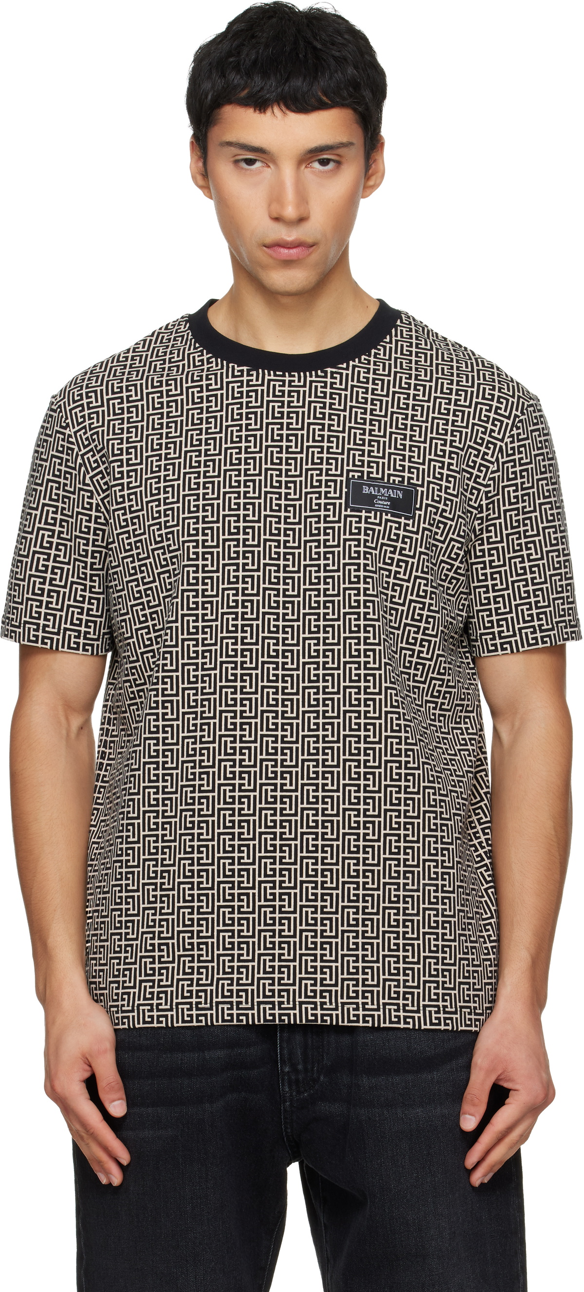 Balmain Black & Beige Monogram Jacquard T-shirt