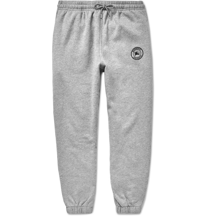 Photo: Burberry - Embroidered Mélange Fleece-Back Cotton-Blend Jersey Sweatpants - Men - Gray