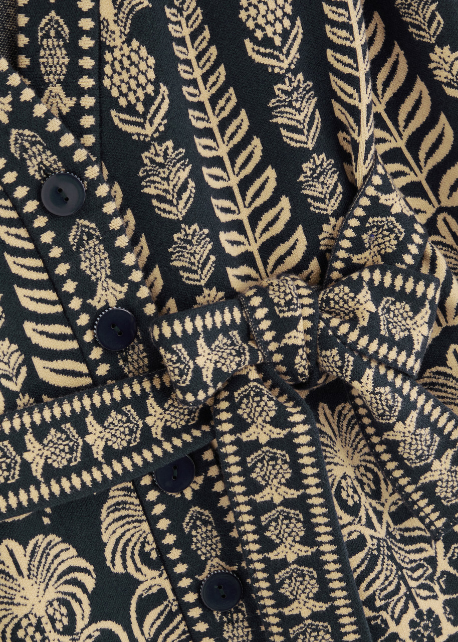 Farm Rio Anika Patterned Belted Knitted Cardigan Dark Blue