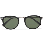 Ermenegildo Zegna - Round-Frame Leather-Trimmed Acetate and Gunmetal-Tone Sunglasses - Black